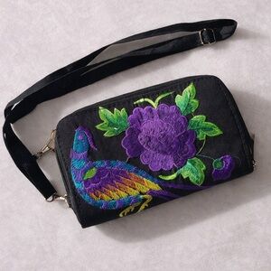 🛍️3 for $25🛍️Embroidered Peacock Crossbody / Wallet Bag – Black + Purple Floral